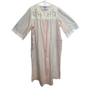 Woman Within Seersucker Zip Front Embroidered Nightgown Mumu House Dress Size 2X